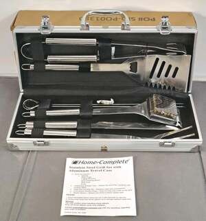 Home-Complete 7pc Stainless Steel Travel BBQ Grill Tool Set With Aluminum Case.